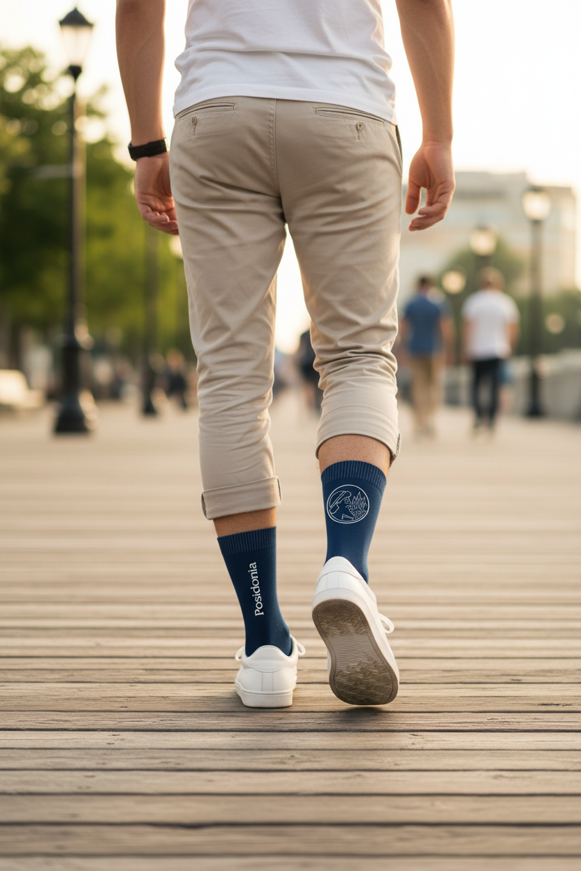 Man wearing Posidonia socks from behind